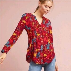 Maeve Anthropologie Red Floral Button Pintuck Blouse Top Roll Tab Sleeves Medium